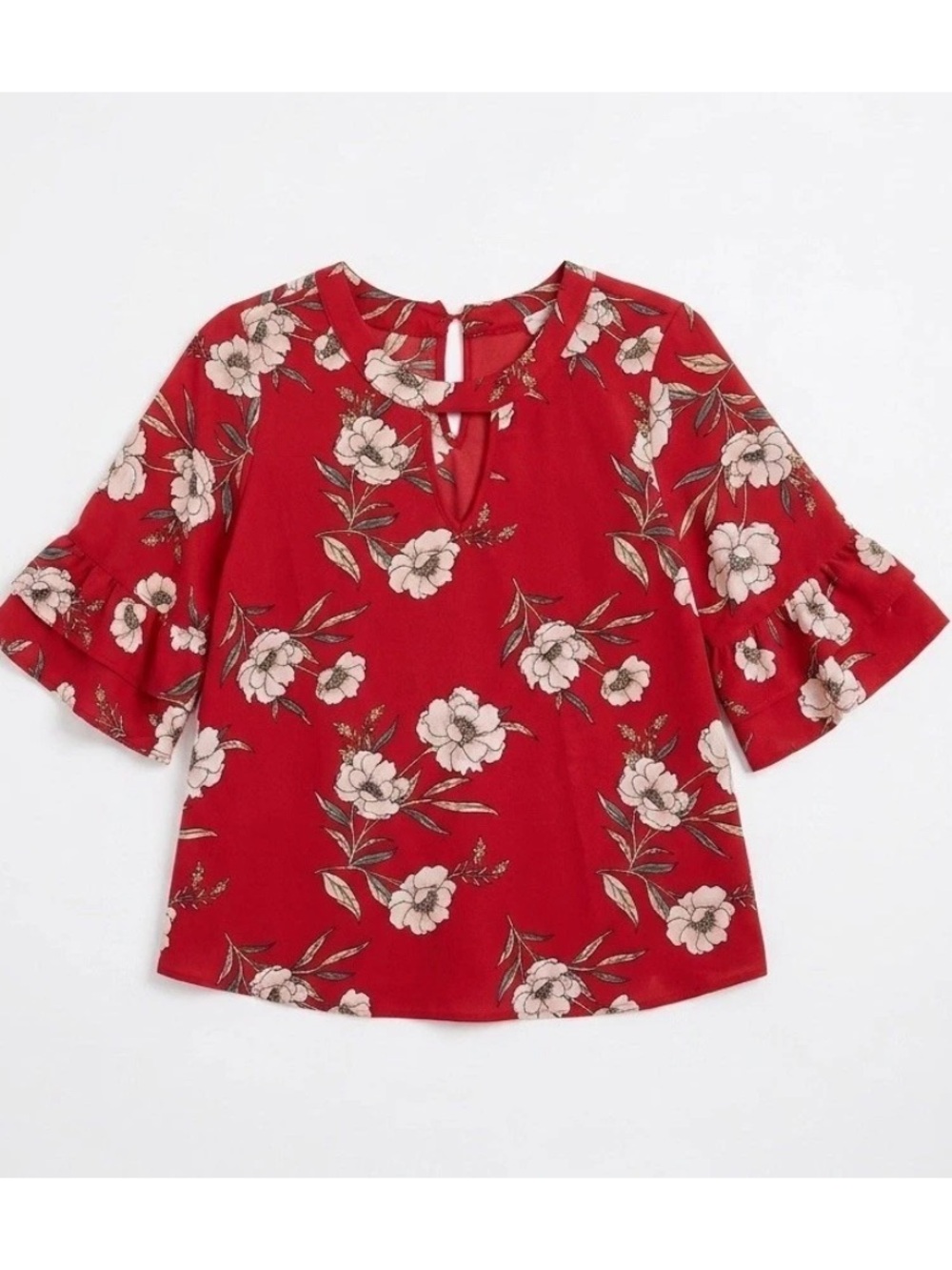 URBAN Romantics Red Floral Keyhole Ruffle-Sleeve Blouse